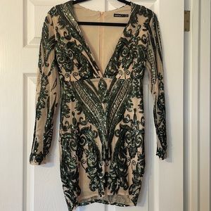 Long Sleeve Sequin Mini Dress - Emerald Green Size S
